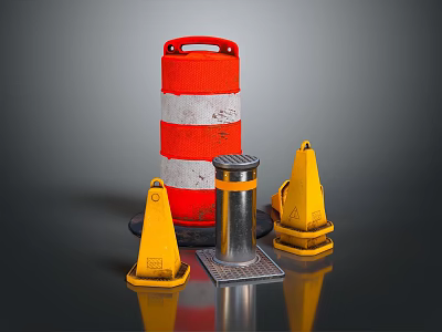 Traffic Safety Equipment Display With Red White Striped Barrier Yellow Cones And Silver Bollard 3d model