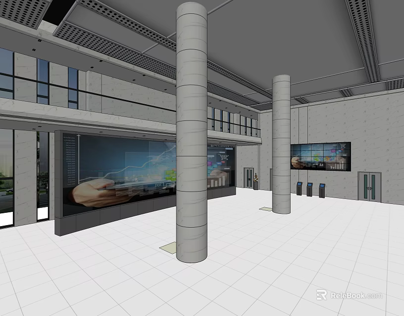 Modern Lobby Reception Area With White Tiled Floor Gray Pillars And Large Screens 3d model 