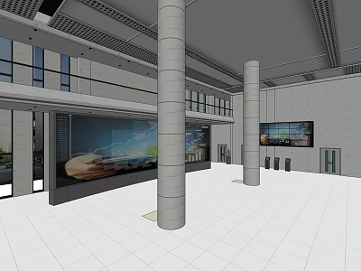 Modern Lobby Reception Area With White Tiled Floor Gray Pillars And Large Screens 3d model