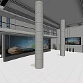 Modern Lobby Reception Area With White Tiled Floor Gray Pillars And Large Screens
