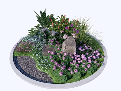 Beautiful Circular Garden with Purple Pink Flowers Green Plants Stone and Gravel Path 3d model
