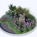 Beautiful Circular Garden with Purple Pink Flowers Green Plants Stone and Gravel Path