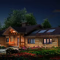 Wooden Houses Set On Green Grass With Blue Sky Brown Roofs And Wooden Siding