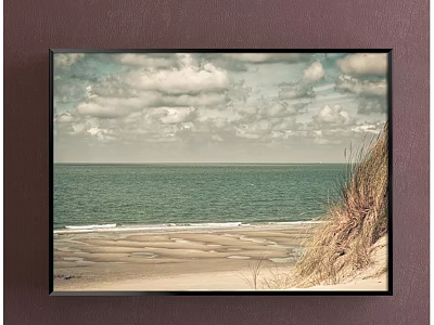 Coastal Seascape Painting With Sandy Beach Ocean Cloudy Sky And Dune Grass 3d model