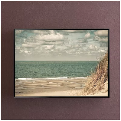 Coastal Seascape Painting With Sandy Beach Ocean Cloudy Sky And Dune Grass 3d model