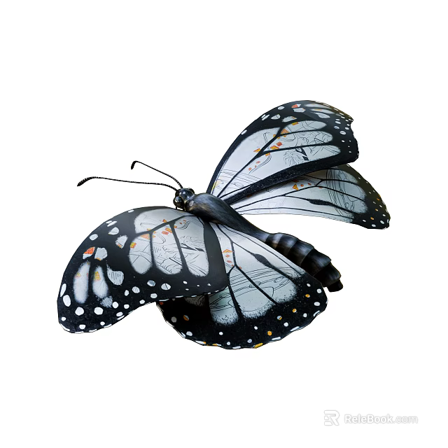Flying Butterfly With Black And White Spotted Wings And Transparent Sections 3d model 