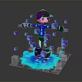 Man In Futuristic Helmet With Floating Purple Cubes And Blue Glowing Digital Base