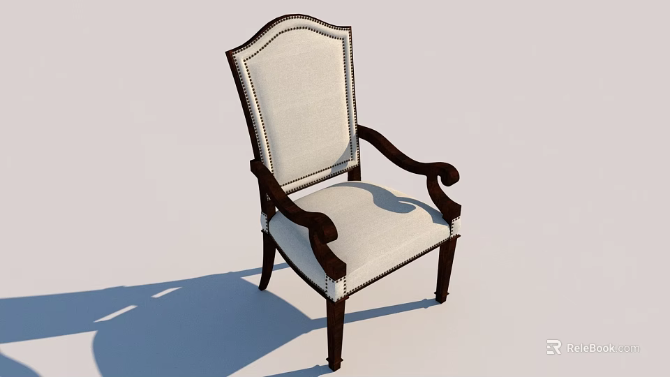 Stylish Leisure Chair With Curved Wooden Armrests Light Fabric Upholstery And Stitched Edges 3d model 