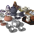 Assorted Ceramic Tea Set Collection With Teapots Cups Saucers And Trays 3d model