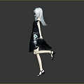 Elegant Game Anime Character With Light Blue Hair And Black Dress Featuring White Floral Patterns