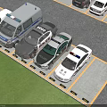 Parking Lot With Multiple Police Cars White Van Yellow Lines And Green Grass