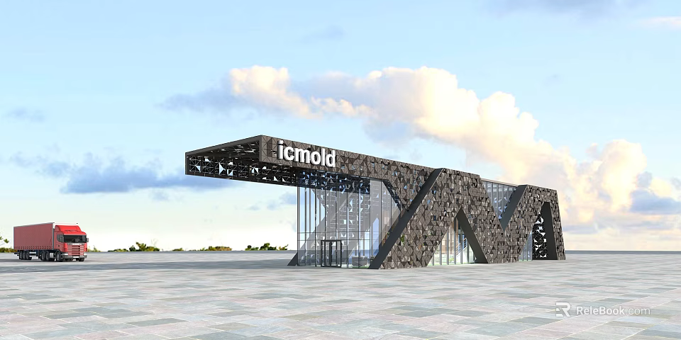 Modern Entrance Gate with Icmold Sign Geometric Design Glass Curtain Wall and Stone in Plaza 3d model 
