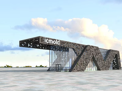 Modern Entrance Gate with Icmold Sign Geometric Design Glass Curtain Wall and Stone in Plaza 3d model
