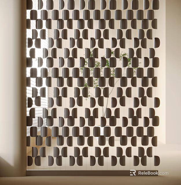 Modern Interior Partition With Black Circular Modules Grid Design And Visible Greenery 3d model 