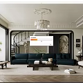 Elegant Modern Living Room Interior Design With Chandelier Dark Sofa Staircase And Decorative Rug