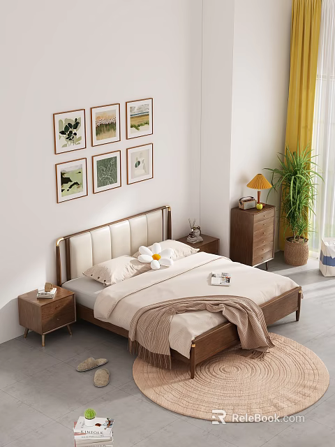 Modern Double Bed with Upholstered Headboard Wooden Frame Cozy Bedding Nightstands Wall Art and Plant 3d model 