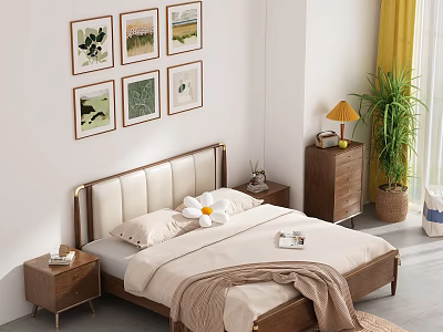 Modern Double Bed with Upholstered Headboard Wooden Frame Cozy Bedding Nightstands Wall Art and Plant 3d model