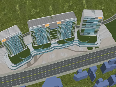 Modern High Rise Residential Buildings With Symmetrical Layout Greenery And Road 3d model