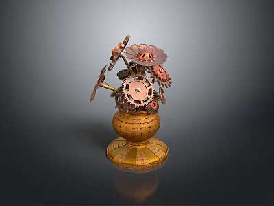 Artistic Mechanical Sculpture With Metallic Gears Floral Design And Golden Base 3d model