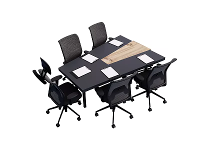 Modern Office Conference Table with Six Black Office Chairs and White Papers on Wooden Tray 3d model