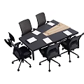 Modern Office Conference Table with Six Black Office Chairs and White Papers on Wooden Tray