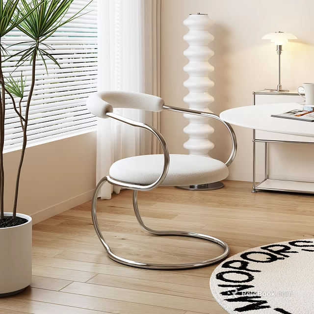 Modern Dining Chair With Curved Silver Metal Frame And White Cushion Near Window Wooden Floor 3d model 