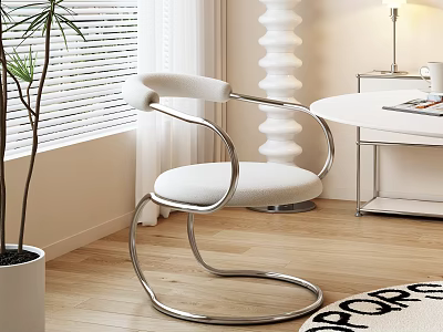 Modern Dining Chair With Curved Silver Metal Frame And White Cushion Near Window Wooden Floor 3d model