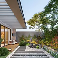 Modern Garden Courtyard Design Featuring Covered Patio Stone Pathway Green Plants And Trees