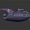 Cartoon Style Purple Shark Like Vehicle With Binoculars Cannons And Glowing Green Windows