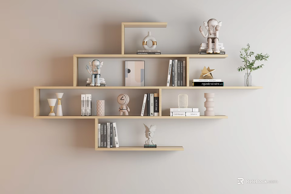 Modern Interior Wall Cabinets With Multiple Shelves On Beige Wall Featuring Books Sculptures And Vase 3d model 
