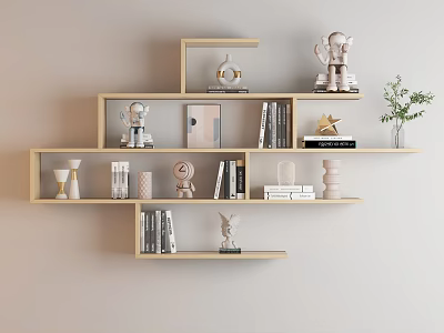 Modern Interior Wall Cabinets With Multiple Shelves On Beige Wall Featuring Books Sculptures And Vase 3d model