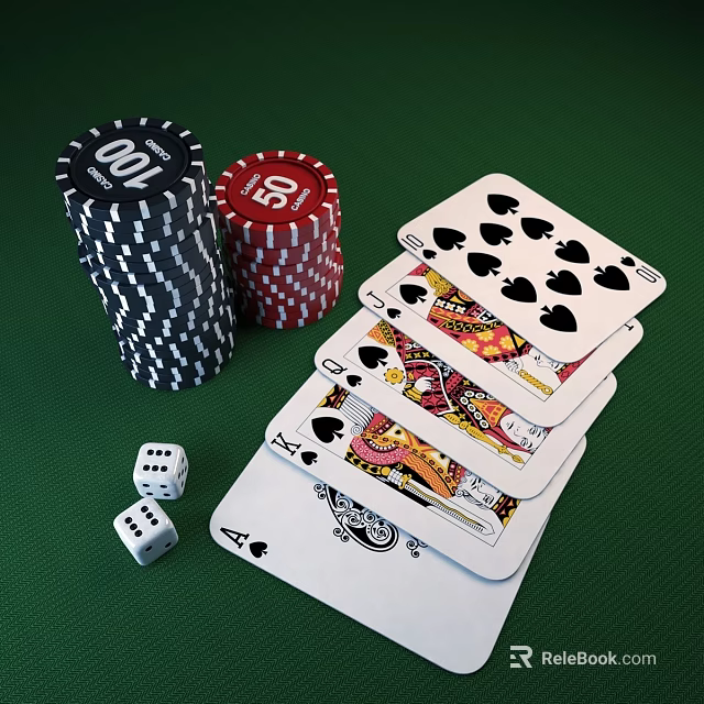 Card Game Entertainment With Playing Cards Poker Chips And Dice On Green Table 3d model 