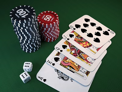 Card Game Entertainment With Playing Cards Poker Chips And Dice On Green Table 3d model