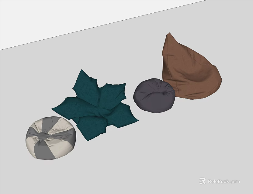 Assorted Bean Bag Chairs Featuring Green Leaf Gray Circular And Brown Shapes 3d model