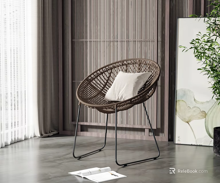 Wicker Leisure Chair With Black Metal Legs Near Green Plant Wooden Screen And Window Curtains 3d model 