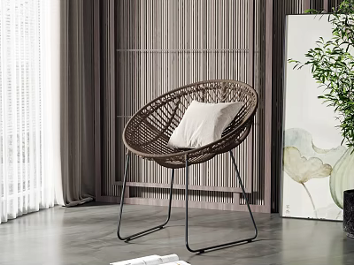 Wicker Leisure Chair With Black Metal Legs Near Green Plant Wooden Screen And Window Curtains 3d model