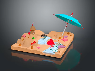 Scenic Beach Scene With Sand Castle Blue Umbrella Small Pond Starfish And Seashells 3d model