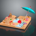 Scenic Beach Scene With Sand Castle Blue Umbrella Small Pond Starfish And Seashells