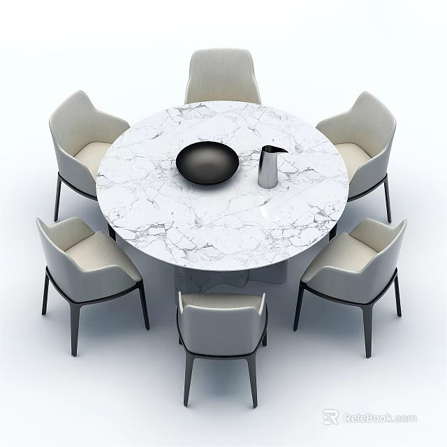 Round Marble Top Dining Table Set With Light Gray Chairs And Black Legs 3d model 