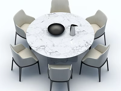 Round Marble Top Dining Table Set With Light Gray Chairs And Black Legs 3d model