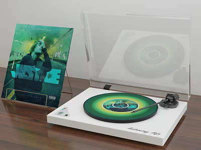 Modern Turntable With Green Vinyl Record Transparent Cover And Music Album On Wooden Desk 3d model
