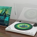 Modern Turntable With Green Vinyl Record Transparent Cover And Music Album On Wooden Desk