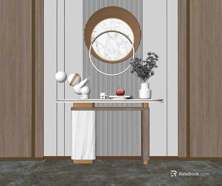 Modern Console Table With Round Marble Mirror And Decorative Vases On Top 3d model