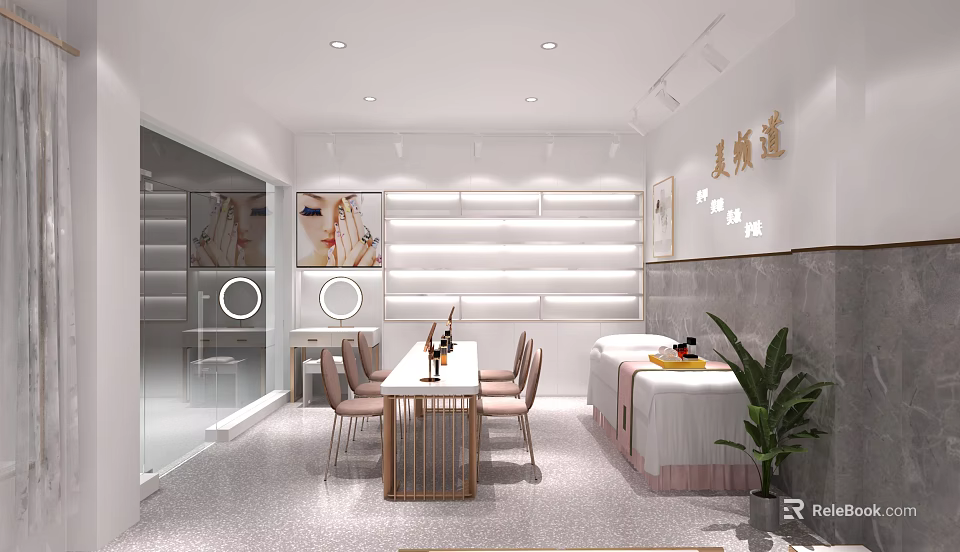 Modern Beauty Salon Interior With Stylish Furniture Display Shelves Green Plants And Treatment Tables 3d model 