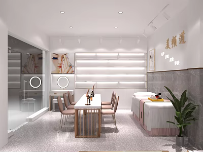 Modern Beauty Salon Interior With Stylish Furniture Display Shelves Green Plants And Treatment Tables 3d model