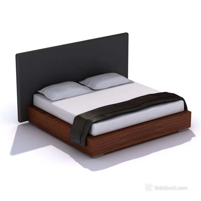 Contemporary Double Bed Featuring Black Headboard Wooden Frame White Pillows And Black Blanket 3d model 