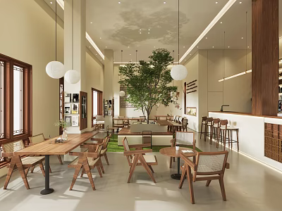 Cozy Café Interior With Wooden Tables Chairs Hanging Lights And Green Plant 3d model