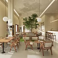 Cozy Café Interior With Wooden Tables Chairs Hanging Lights And Green Plant