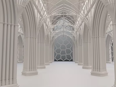 Cartoon Style Gothic Architecture Interior with Arched Columns and Honeycomb Backdrop 3d model