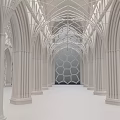 Cartoon Style Gothic Architecture Interior with Arched Columns and Honeycomb Backdrop 3d model